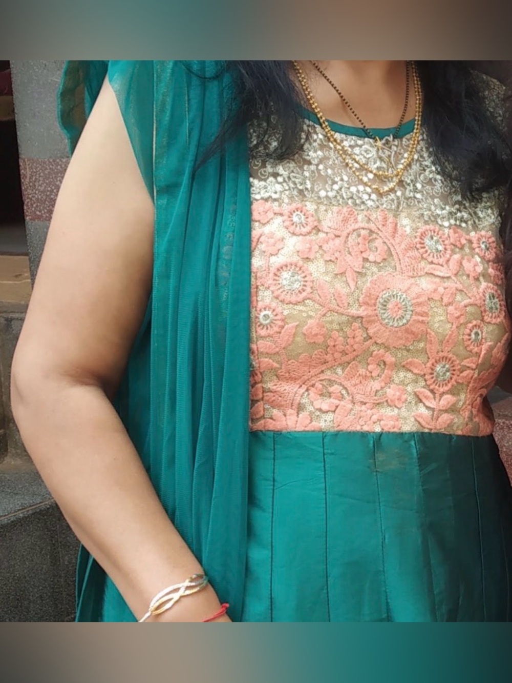 Gold Embroidered Teal Gown with Coral details